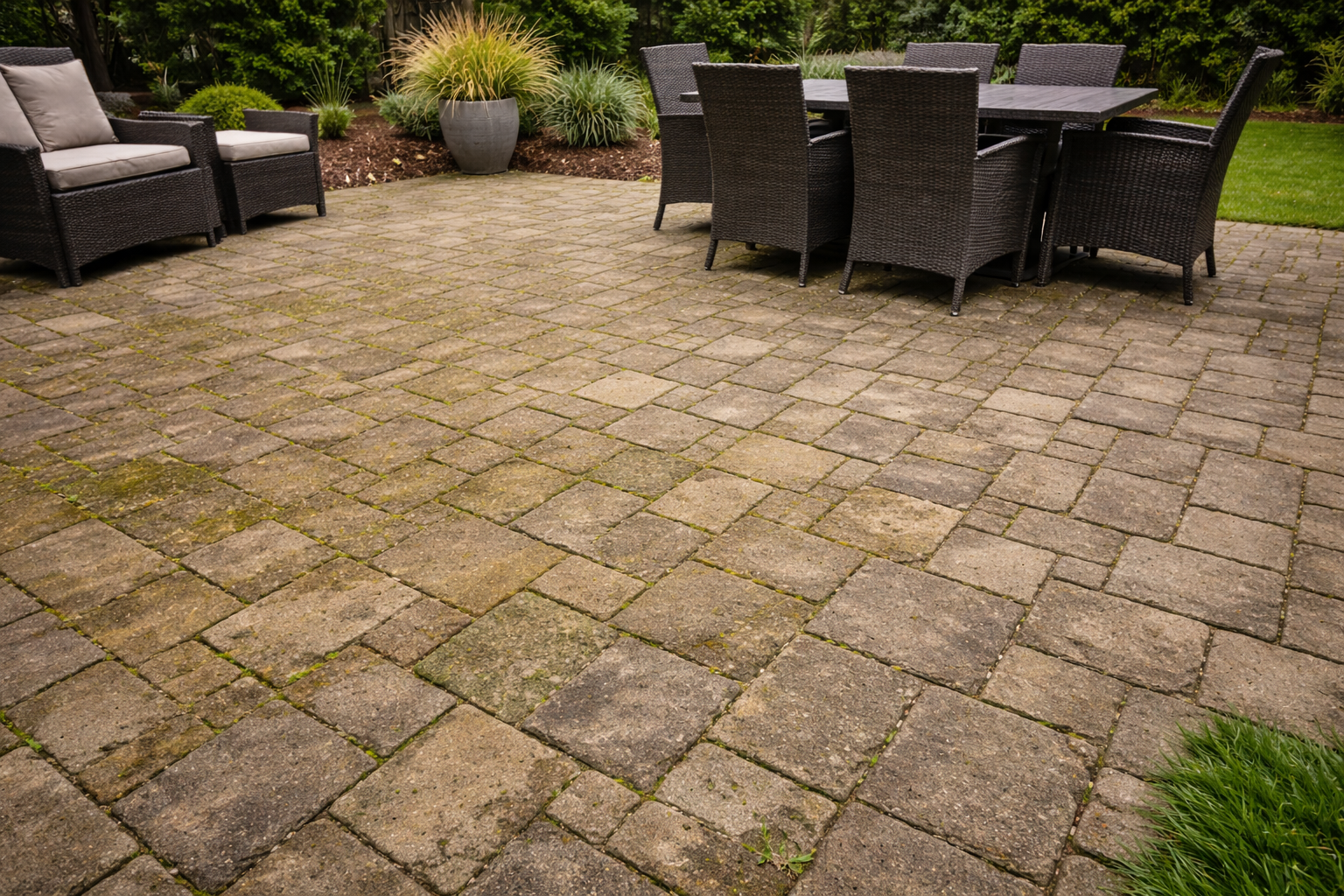 Stone patio with outdoor furniture showing dirt, moss, and surface staining before cleaning