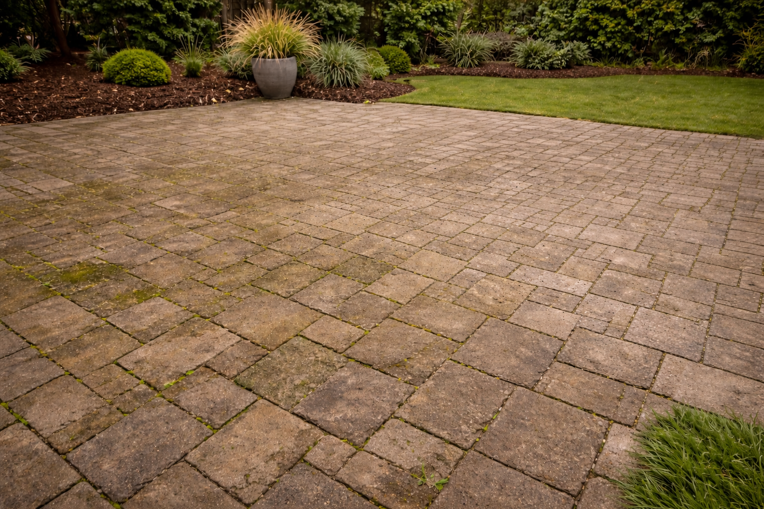Stone patio with visible dirt, moss, and surface staining before pressure washing