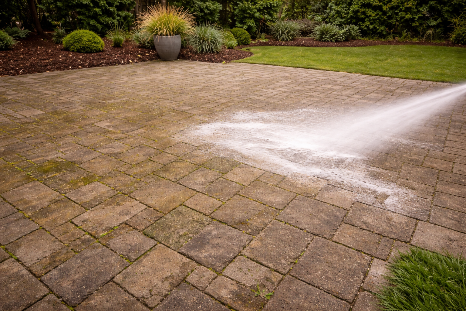 Pressure washing a stone patio to remove dirt, moss, and surface buildup